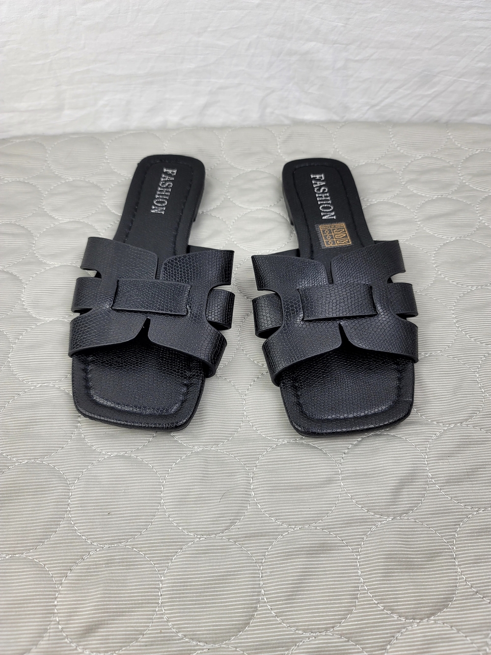 Women's Black Slide Sandals with Woven Strap Detail